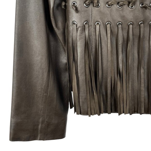 Elie Tahari Brown Genuine Leather Embellished w/ Tassels Blazer Jacket Sz. Small - Picture 4 of 15